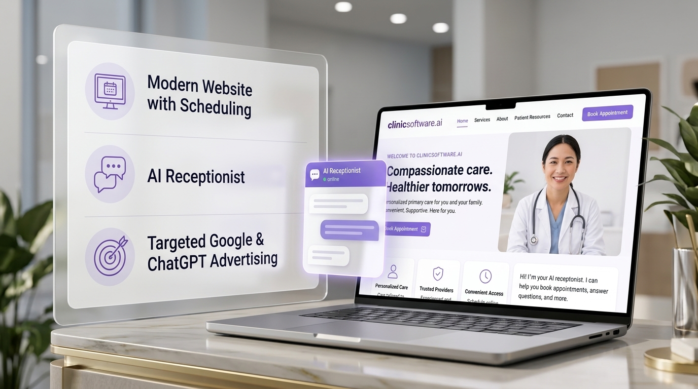 ClinicSoftware.ai website concept with scheduling, AI reception and marketing