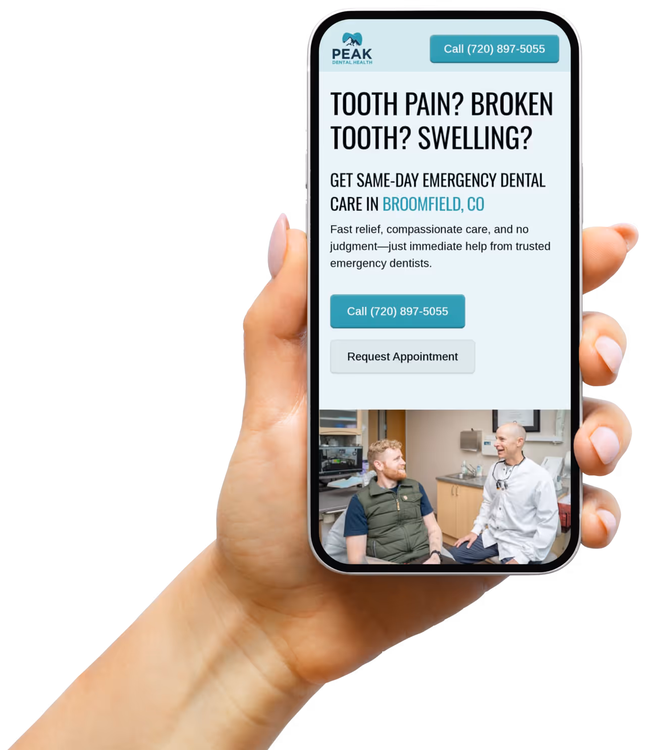Emergency clinic landing page with click-to-call appointment button