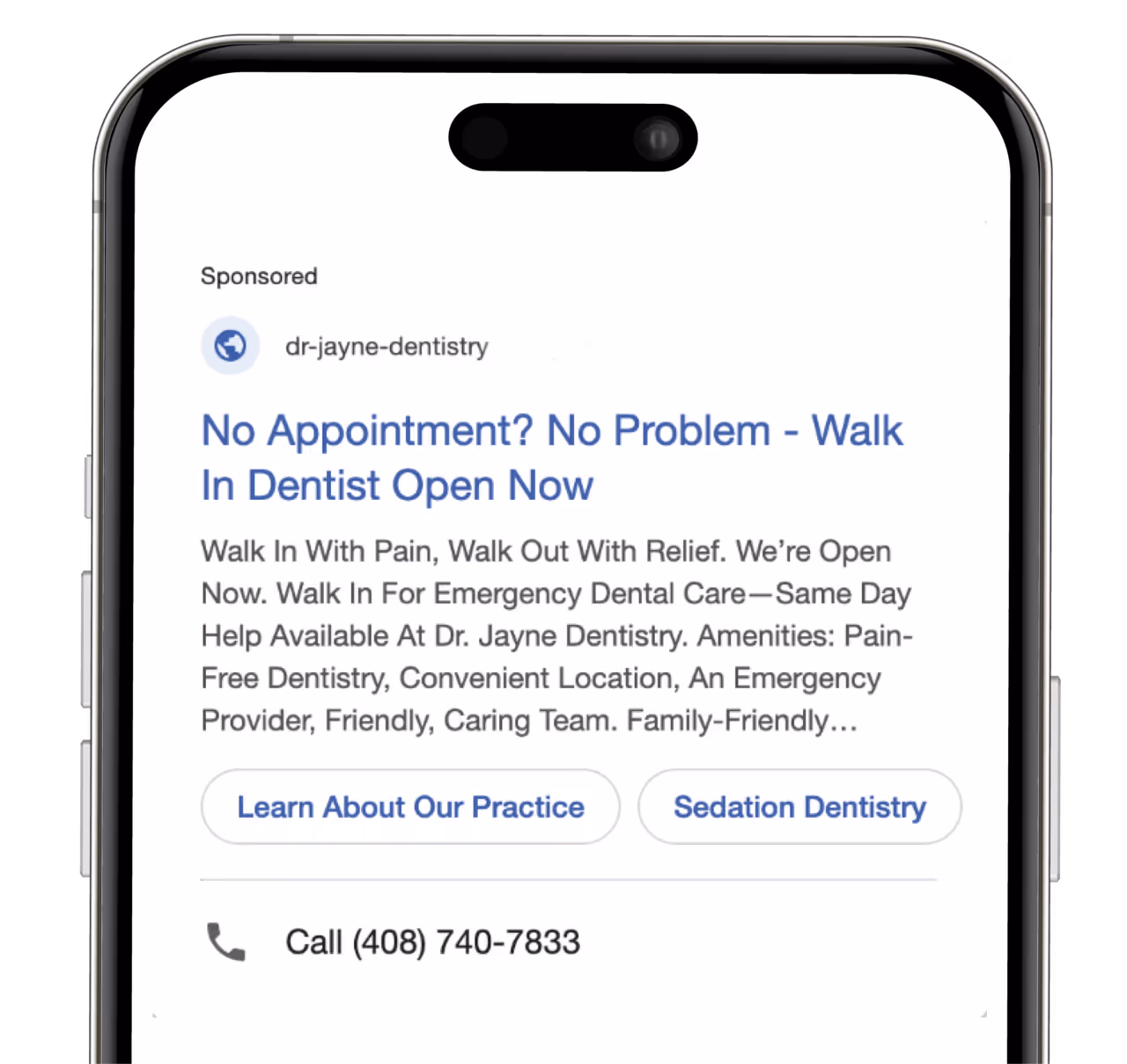 Emergency clinician Google Ads campaign for same-day toothache searches